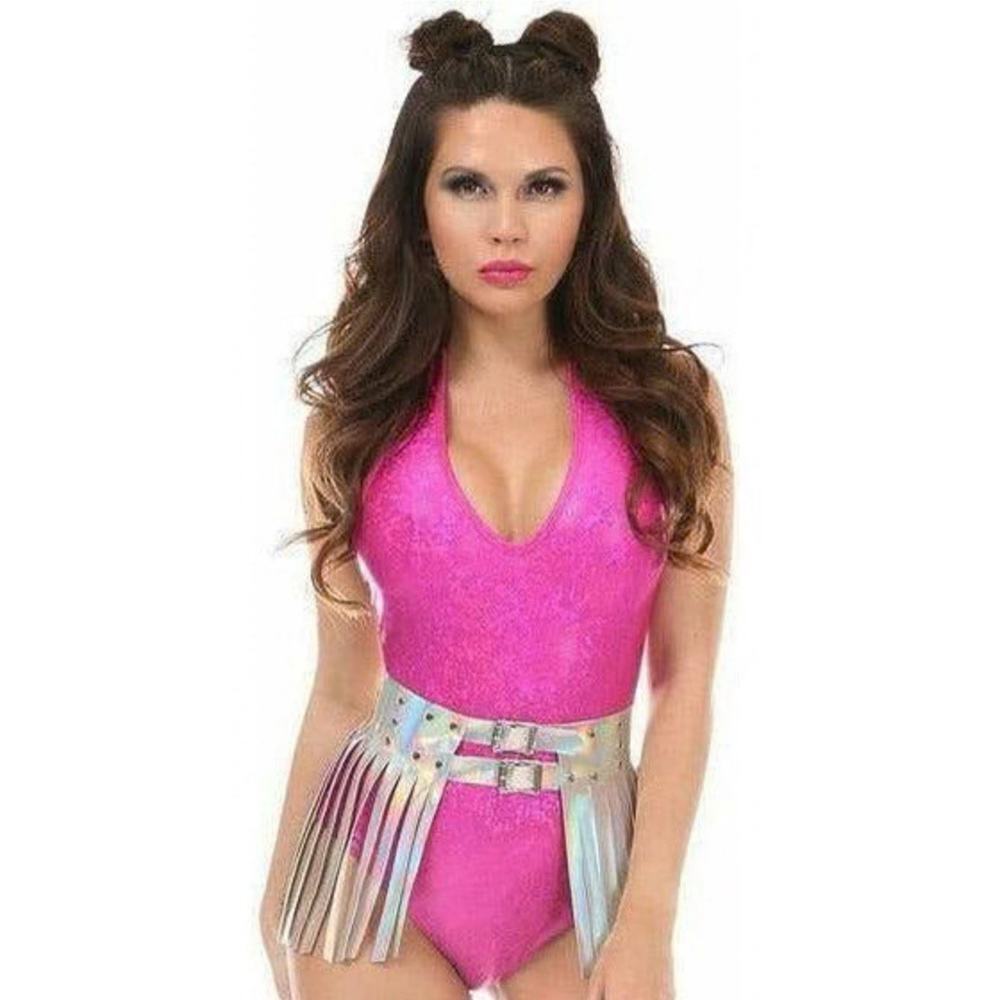 🦋B2G1🦋DAISY CORSETS Silver Holographic PVC Fringe Mini Skirt Rave | SMALL |